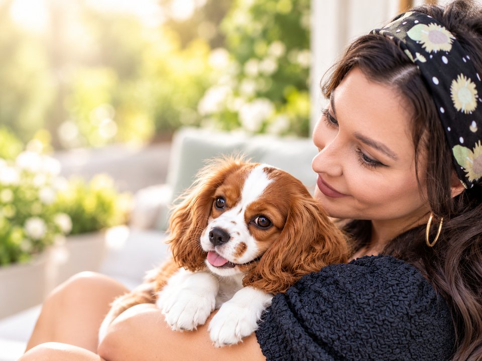 A Cavalier King Charles Spaniel puppy being held on a sunny porch